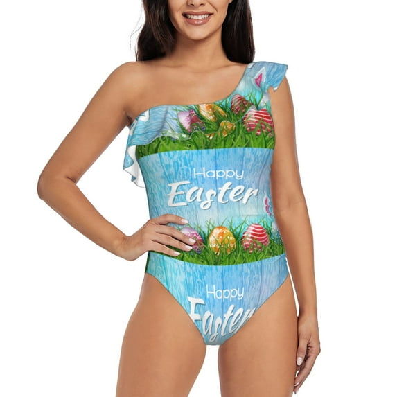Easygdp Happy Easter Women's One Shoulder Ruffle Monokini Bathing Suits with Removable Chest Pad, Quick Drying - X-Large
