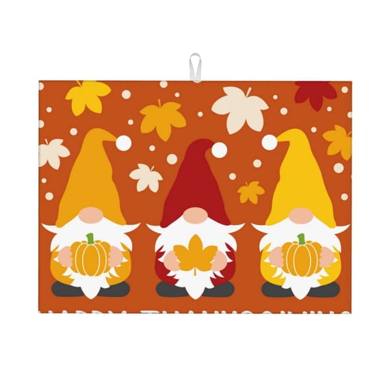 Easygdp Happy Thanksgiving Three Gnomes Microfiber Absorbent Dish Drying Pad,Kitchen Drying Mat,Can Be Hung, Strong Water Absorption Capacity,Quick Drying
