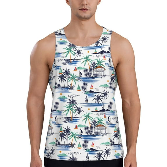 Easygdp Hawaii Palms Men's Tank Top, Sleeveless Muscle T Shirts, Breathable, Quick-Dry, Loose for Gym, Running, Fitness - 4X-Large