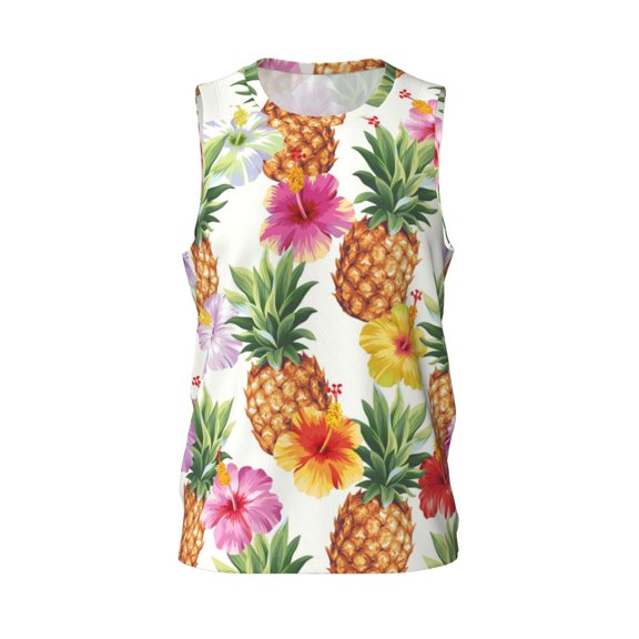 Easygdp Hawaiian Pineappl Men's Mesh Basketball Jersey Quick Drying Sleeveless Shirts Fitted Muscle Tank Tops Sport Round Neck T-Shirt - X-Large