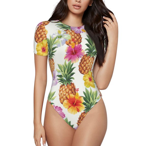 Easygdp Hawaiian Pineappl Women's One-Piece Swimsuit Slim Fit Crew Neck Bodysuit Athletic Swimwear with Concealed Buckle - Medium