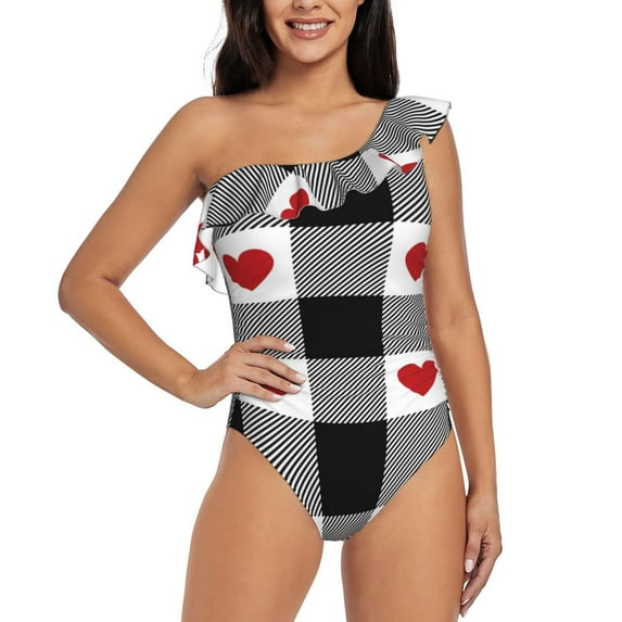 Easygdp Heart Black Buffalo Plaid Gingham Women's One Shoulder Ruffle Monokini Bathing Suits with Removable Chest Pad, Quick Drying - Large