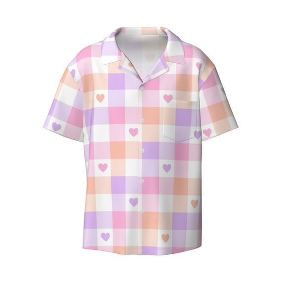 Easygdp Heart Buffalo Plaid Men's Casual Short-sleeved Shirt with Pocket and Button Suitable for Beach Vacation Leisure - Medium