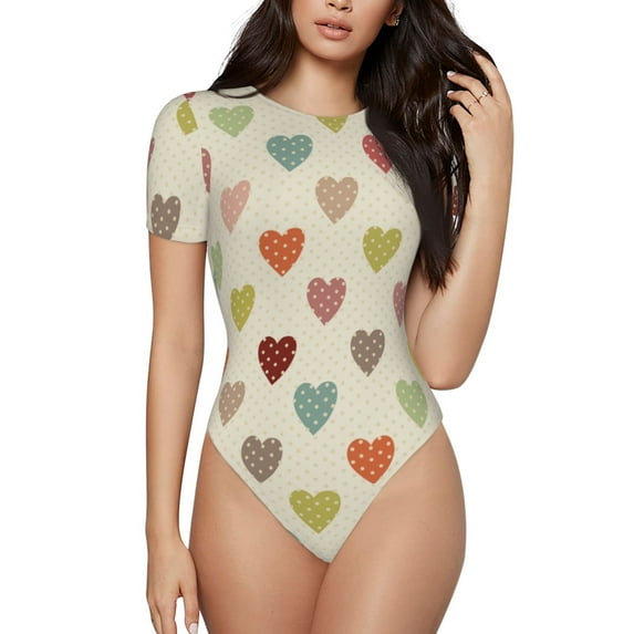 Easygdp Heart Polka Dot Women'S Waist-Cinching Short-Sleeved Onesie, Olastic Onesiet,Snaps At Bottom,Easy To Put On And Take Off - Medium