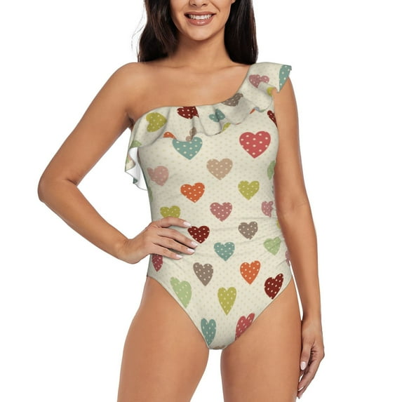 Easygdp Heart Polka Dot Women's One Shoulder Ruffle Monokini Bathing Suits with Removable Chest Pad, Quick Drying - Small