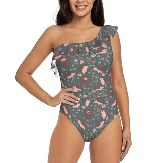 Easygdp Hedgehogs and Flowers1 Women's One Shoulder Ruffle Monokini Bathing Suits with Removable Chest Pad, Quick Drying - X-Large