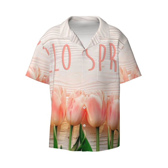 Easygdp Hello Spring Men's Casual Short-sleeved Shirt with Pocket and Button Suitable for Beach Vacation Leisure - 3X-Large