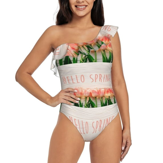 Easygdp Hello Spring Women's One Shoulder Ruffle Monokini Bathing Suits with Removable Chest Pad, Quick Drying - Large