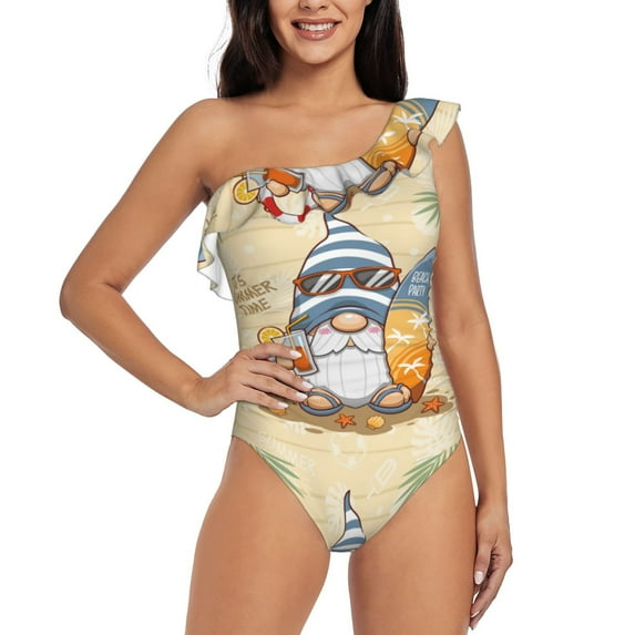 Easygdp Hello Summer Cute Gnome Women's One Shoulder Ruffle Monokini Bathing Suits with Removable Chest Pad, Quick Drying - XX-Large