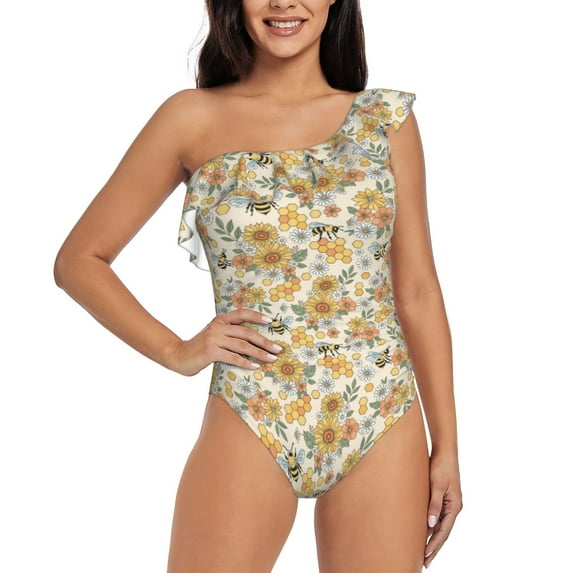 Easygdp Hippie Bee Honeycomb Women's One Shoulder Ruffle Monokini Bathing Suits with Removable Chest Pad, Quick Drying - XX-Large
