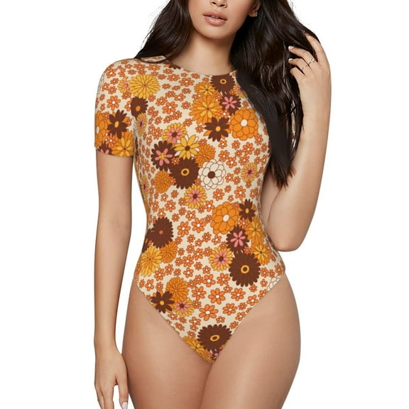 Easygdp Hippie Ditsy Floral Women's One-Piece Swimsuit Slim Fit Crew Neck Bodysuit Athletic Swimwear with Concealed Buckle - Large