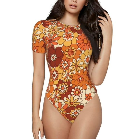 Easygdp Hippie Flower Women's One-Piece Swimsuit Slim Fit Crew Neck Bodysuit Athletic Swimwear with Concealed Buckle - Small