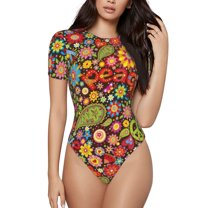 Easygdp Hippie Peace Love Women's One-Piece Swimsuit Slim Fit Crew Neck Bodysuit Athletic Swimwear with Concealed Buckle - Small