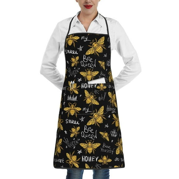 Easygdp Hohey Bee Golden Embroidery Apron Waterdrop Resistant with 2 Pockets,Oil Resistant Cooking Kitchen Chef Apron for Women Men