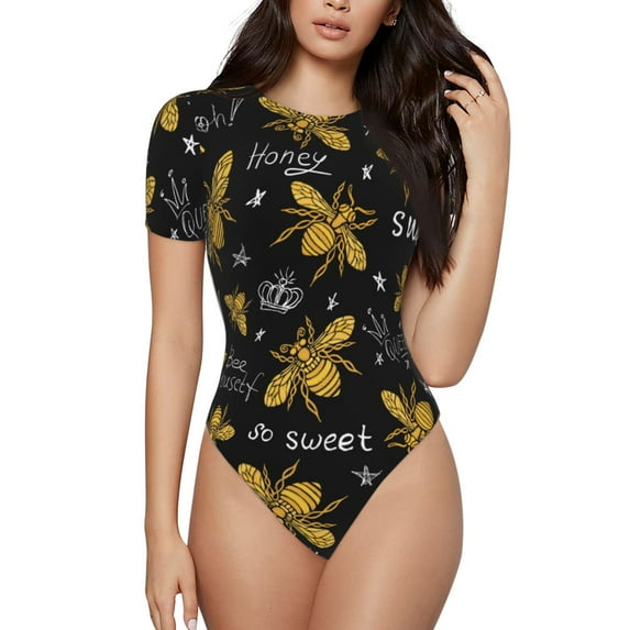 Easygdp Hohey Bee Golden Embroidery Women's One-Piece Swimsuit Slim Fit Crew Neck Bodysuit Athletic Swimwear with Concealed Buckle - XX-Large