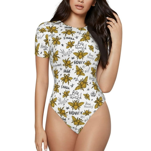 Easygdp Hohey Bee Golden2 Women's One-Piece Swimsuit Slim Fit Crew Neck Bodysuit Athletic Swimwear with Concealed Buckle - X-Large