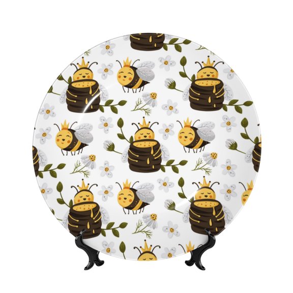 Easygdp Honey Bee Insect Bone China Decorative Plate Ceramic Dinner Plates Art Crafts with Display Stand-6in