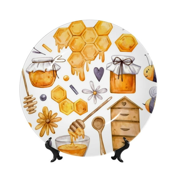 Easygdp Honey Bee Set Bone China Decorative Plate Ceramic Dinner Plates Art Crafts with Display Stand-6in