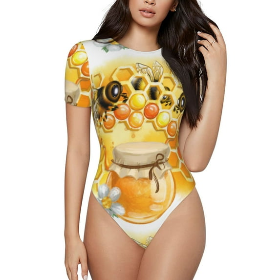 Easygdp Honey Bee Women's One-Piece Swimsuit Slim Fit Crew Neck Bodysuit Athletic Swimwear with Concealed Buckle - Large