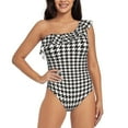 thumbnail image 1 of Easygdp Houndstooth Black And White Women's One Shoulder Ruffle Monokini Bathing Suits with Removable Chest Pad, Quick Drying - Large, 1 of 8