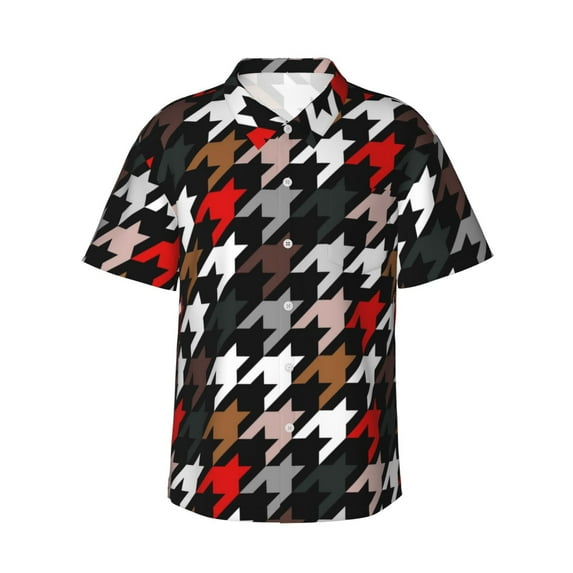 Easygdp Houndstooth Green Red Men's Hawaiian Shirts Print Lapel Short Sleeve for Beach, vacation, party, casual occasions - XX-Large
