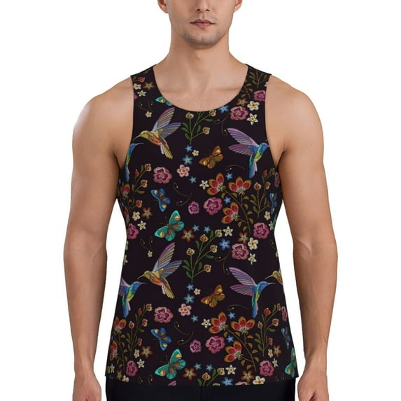 Easygdp Humming Bird And Tropical Flowers Men's Tank Top, Sleeveless Muscle T Shirts, Breathable, Quick-Dry, Loose for Gym, Running, Fitness - Large