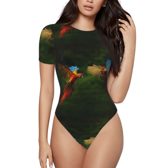 Easygdp Hybrid Parrot In The Forest Women'S Waist-Cinching Short-Sleeved Onesie, Olastic Onesiet,Snaps At Bottom,Easy To Put On And Take Off - Large