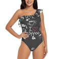 thumbnail image 1 of Easygdp I Love Coffee Women's One Shoulder Ruffle Monokini Bathing Suits with Removable Chest Pad, Quick Drying - Large, 1 of 8