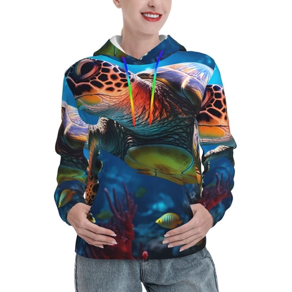 Easygdp Ice Blue Ocean Sea Turtle Womens Casual Hoodies Sweatshirts Long Sleeve Pullover Fall Pullover Tops Outfits Winter Clothes-Small