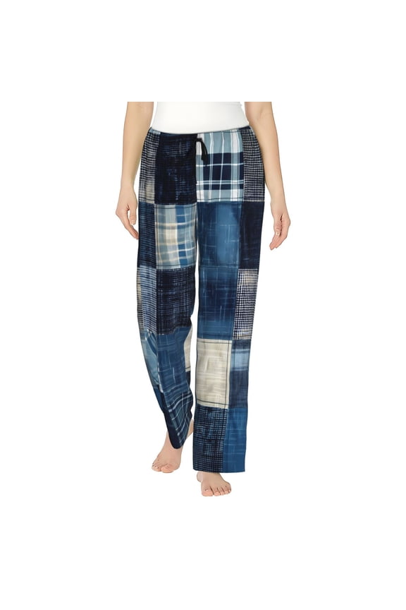 Indigo Patchwork Quilt Women's Drawstring Pajama Pants | Lounge Joggers Sweatpants | Comfy Sleepwear | Yoga Pants-Medium