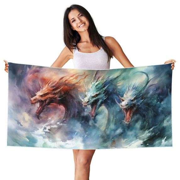 Easygdp Ink Style Wave Dragon Beach Towel 27.5X55 Inches Quick Dry Pool Towel Travel Compact Bath Towel Sandproof Beach Blanket Towel for Swimming