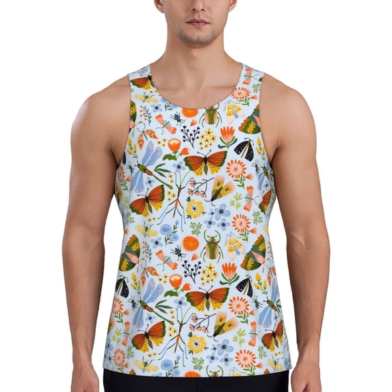 Easygdp Insects and Flowers Men's Tank Top, Sleeveless Muscle T Shirts, Breathable, Quick-Dry, Loose for Gym, Running, Fitness - 3X-Large