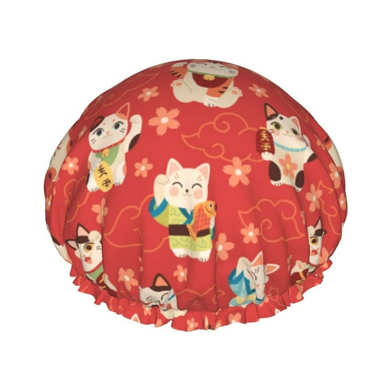 Easygdp Japanese Maneki Cats Shower Caps for Women, Double Waterproof Layers Shower Cap, Quick Drying Bath Hair Cap Reusable
