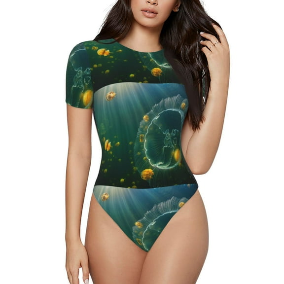 Easygdp Jelly Fish Women's One-Piece Swimsuit Slim Fit Crew Neck Bodysuit Athletic Swimwear with Concealed Buckle - Small
