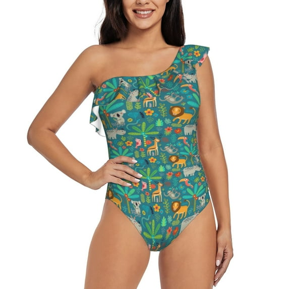 Easygdp Jungle Animals Women's One Shoulder Ruffle Monokini Bathing Suits with Removable Chest Pad, Quick Drying - Small
