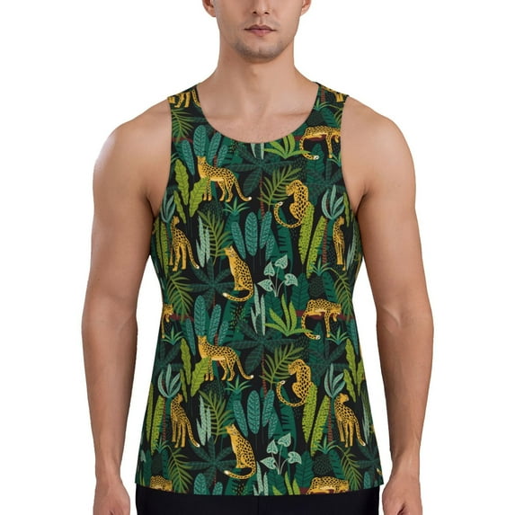 Easygdp Jungle Leopard Yellow Men's Tank Top, Sleeveless Muscle T Shirts, Breathable, Quick-Dry, Loose for Gym, Running, Fitness - 3X-Large