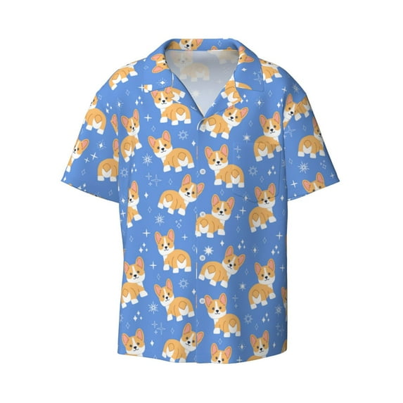 Easygdp Kawaii Corgi Men's Casual Short-sleeved Shirt with Pocket and Button Suitable for Beach Vacation Leisure - XX-Large