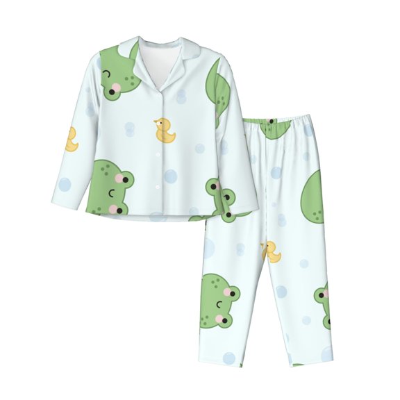 Easygdp Kawaii Frogs Women's Long-Sleeve Shirt and Full-Length Bottom Pajama Set,Two Piece Loungewear Soft Pajama Top and Pants Pjs Sleepwear-Medium