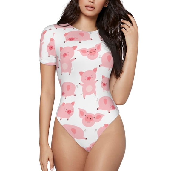 Easygdp Kawaii Pigs Women'S Waist-Cinching Short-Sleeved Onesie, Olastic Onesiet,Snaps At Bottom,Easy To Put On And Take Off - Medium