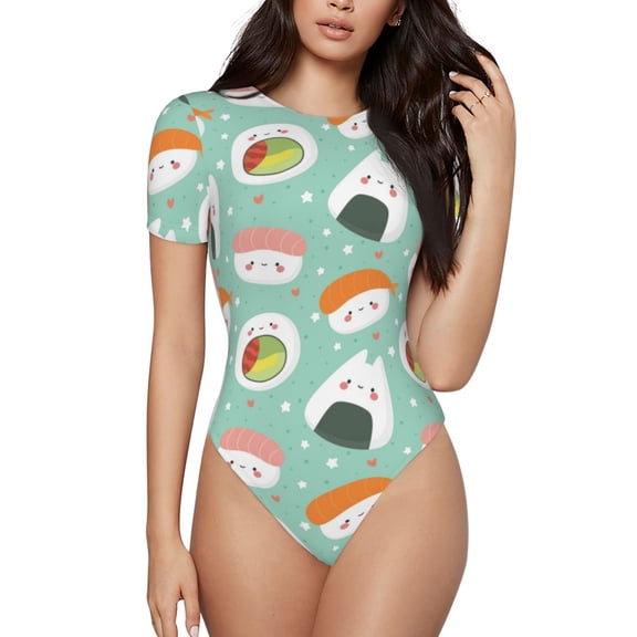 Easygdp Kawaii Sushi Women's One-Piece Swimsuit Slim Fit Crew Neck Bodysuit Athletic Swimwear with Concealed Buckle - Large