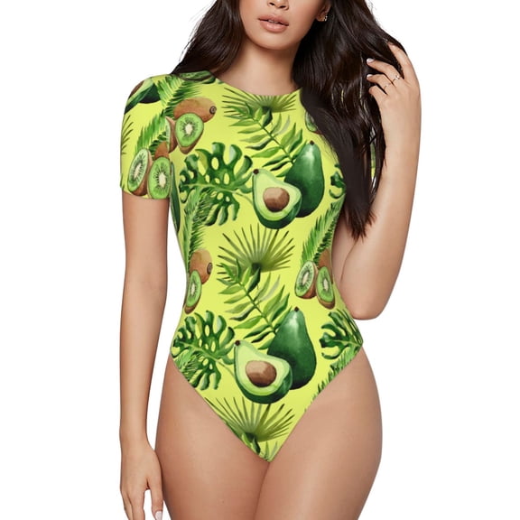 Easygdp Kiwi and Avocado Women's One-Piece Swimsuit Slim Fit Crew Neck Bodysuit Athletic Swimwear with Concealed Buckle - Small