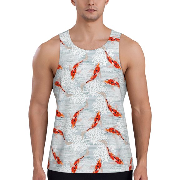 Easygdp Koi Fish Corals,Spring Summer Men's Tank Top, Sleeveless Muscle T Shirts, Breathable, Quick-Dry, Loose for Gym, Running, Fitness - X-Large