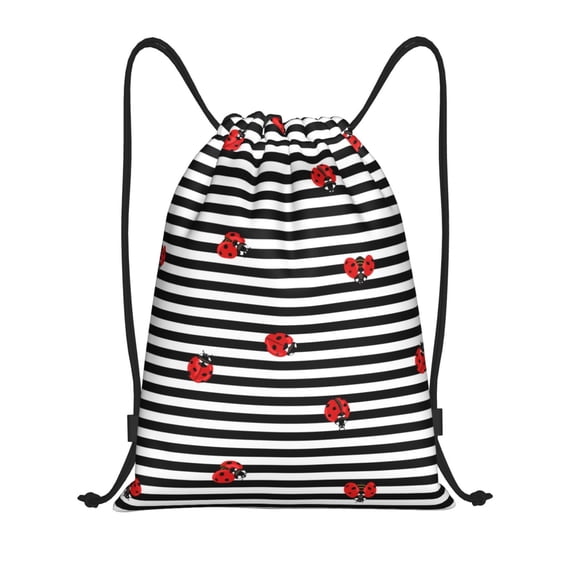 Easygdp Ladybugs on Black and White Striped Drawstring Backpack, Beach Sackpack, Travel Sackpack Lightweight for Sports, Gym, Travel, Swimming - Medium