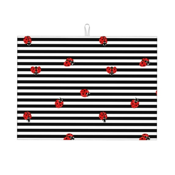 Easygdp Ladybugs On Black And White Striped Microfiber Absorbent Dish Drying Pad,Kitchen Drying Mat,Can Be Hung, Strong Water Absorption Capacity,Quick Drying