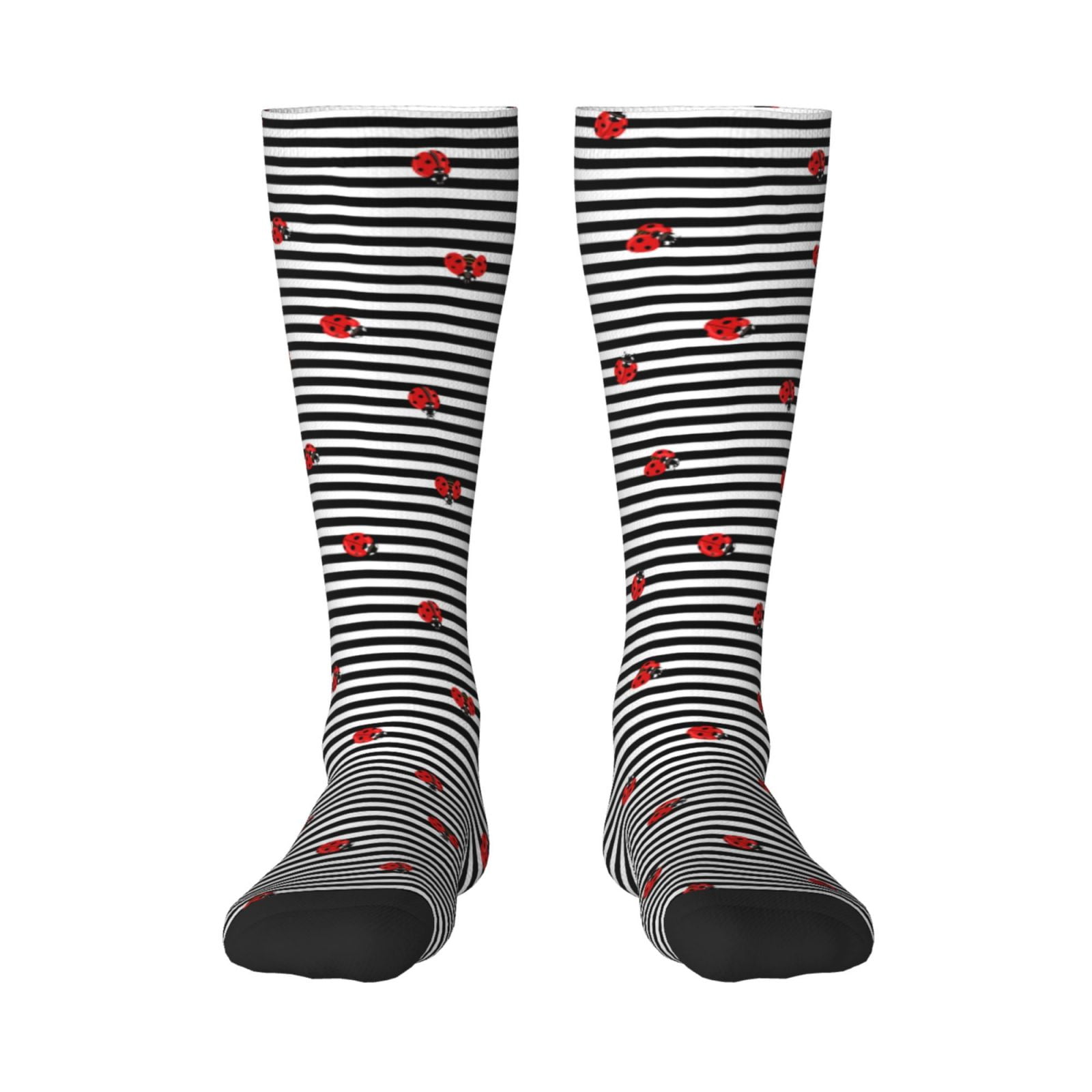 Easygdp Ladybugs on Black and White Striped Soccer Socks Sport Knee