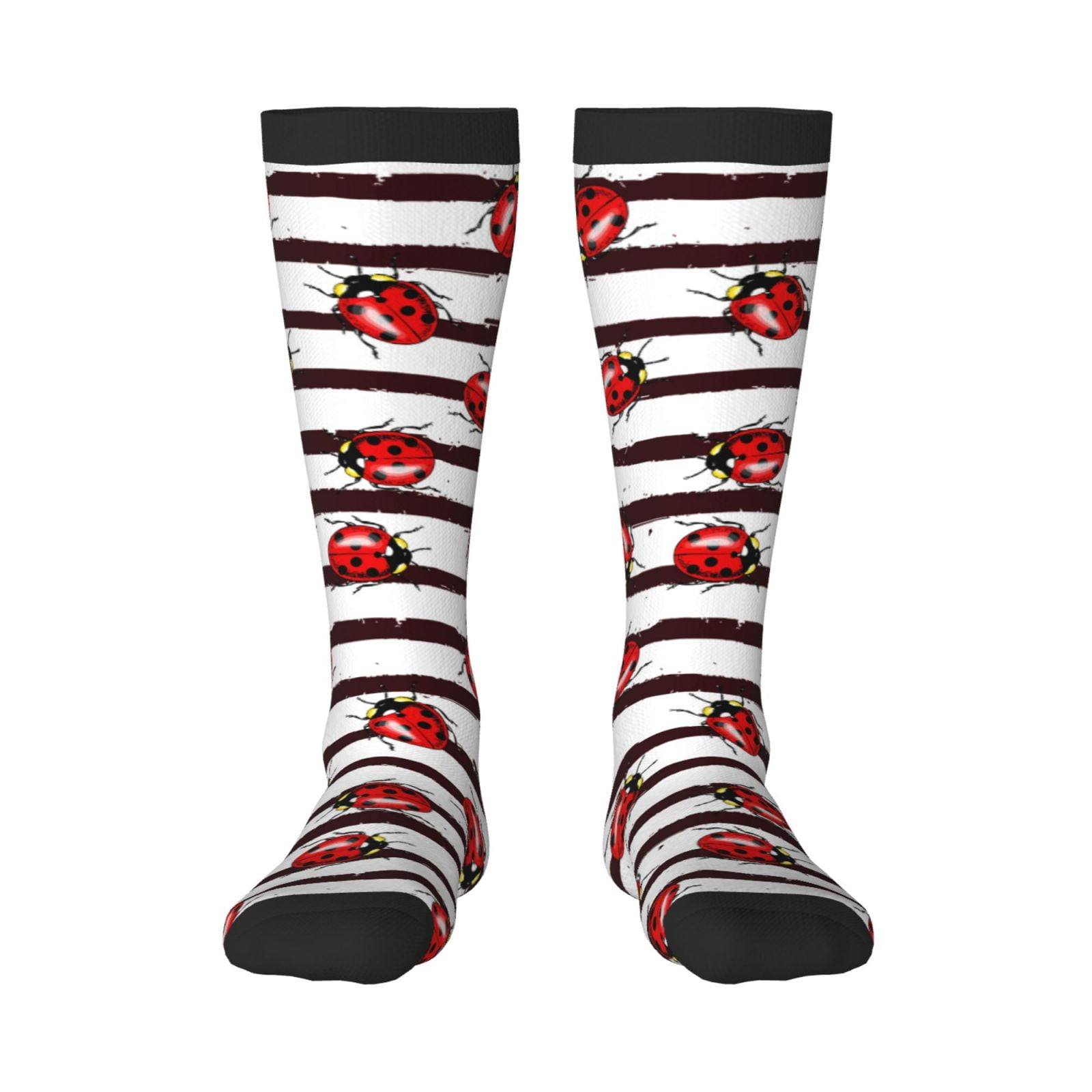 Easygdp Ladybugs on Black and White Striped1 Soccer Socks Sport Knee