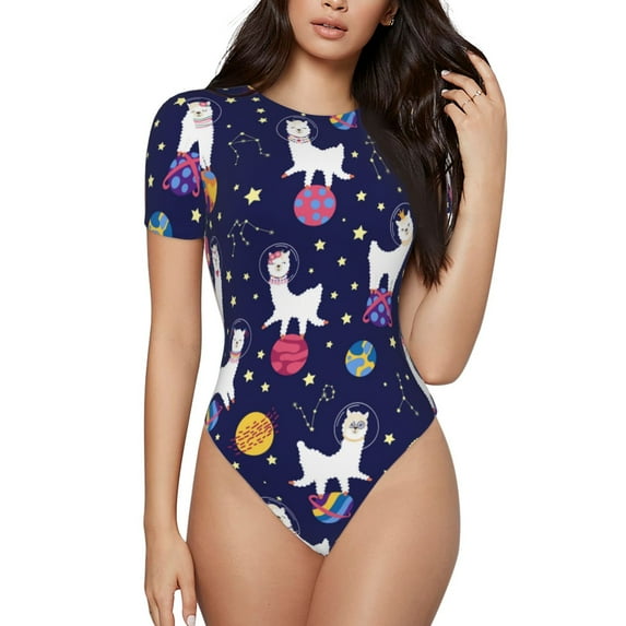 Easygdp Lama In Space Women'S Waist-Cinching Short-Sleeved Onesie, Olastic Onesiet,Snaps At Bottom,Easy To Put On And Take Off - Medium