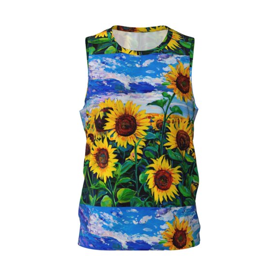Easygdp Landscape With Sunflowers Men's Mesh Basketball Jersey Quick Drying Sleeveless Shirts Fitted Muscle Tank Tops Sport Round Neck T-Shirt - Large