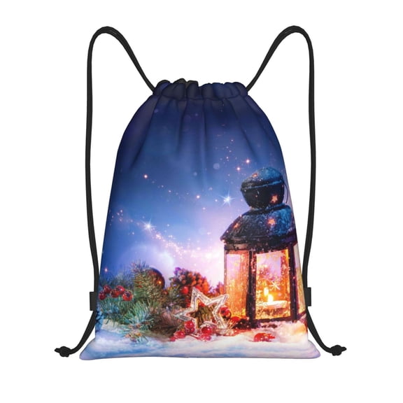 Easygdp Lantern On Snow With Christmas Drawstring Backpack, Beach Sackpack, Travel Sackpack Lightweight for Sports, Gym, Travel, Swimming - Small