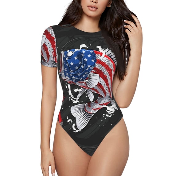 Easygdp Largemouth Bass Fish in USA Women's One-Piece Swimsuit Slim Fit Crew Neck Bodysuit Athletic Swimwear with Concealed Buckle - Medium